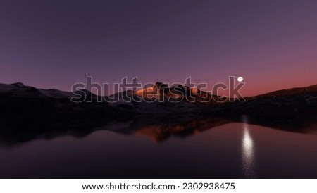 Mountain lake and Snow covered rocks with reflection at sunrise. Beautiful landscape moon night sky, snowy mountains, hills, over the lake at twilight.