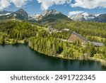 Mountain lake Strbske pleso in National Park of High Tatras, Slovakia, Europe. Aerial view of a famouse mountain lake and beautiful High Tatra mountains in Slovakia.