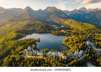 Mountain lake Strbske pleso. Strbske lake with view of the High Tatras National Park, Slovakia