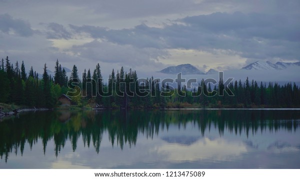 Mountain Lakeside Cabin Low Mist Stock Photo Edit Now 1213475089