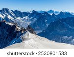 Mountain landscape of the Alps in Chamonix valley, France. Alpine scenery in summer sunny weather on Tour du Montblanc, TMB trekking route