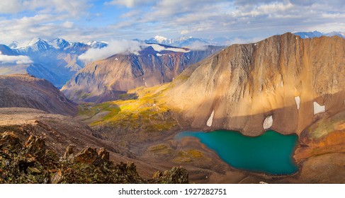 Mountain Landscape, Altai. Lake In A Deep Gorge, Colored Rocks, Morning Light. Summer Travel In The Mountains, Hiking. 