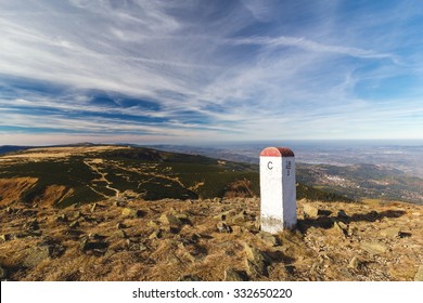 Mountain landscape. Border post state boundary between Poland and Czech in Karkonosze mountains