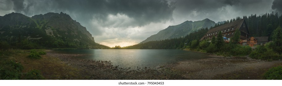 Mountain Landscape with Mountain Chalet at Sunset near Poprad Tarn, High Tatras, Slovakia - Powered by Shutterstock