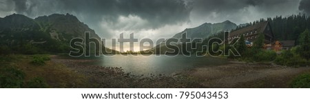 Similar – Image, Stock Photo Mountain lake shore with reeds and water reflection