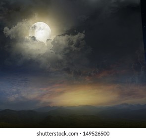 Mountain landscape in the evening with the moon - Powered by Shutterstock