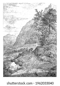 Mountain Landscape With A Figure And Pack Mule On A Road.