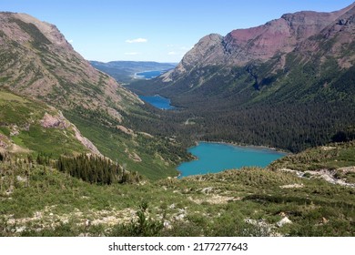 Mountain landscape at Grinnell Glacier Trail with View of Grinnell Lake, Lake Josephine and Lake Sherburne, Many Glacier area, Glacier National Park, Rocky Mountains, Montana, USA