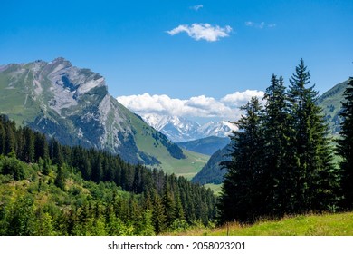 Mountain landscape and Mont Blanc view in La Clusaz, Haute-savoie, France