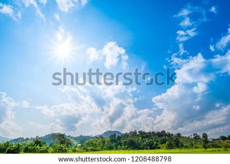 Mountain Landscape Panorama, Beauty of Nature Wallpaper with Blue Sky and Sun. Landscape Nature Background. Picture for Summer Season.