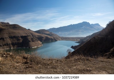 Mountain landscape, the picturesque lake in the mountain gorge, a beautiful view of high rocks, the nature of the North Caucasus