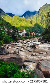 Mountain landscape. River between the green Andes mountains. Aguas Calientes, Peru.