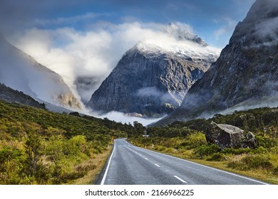 Mountain landscape, road to the Fiordland among great mountains, New Zealand