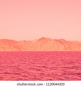 Mountain Landscape And Sea. Bright Neon Colors. Minimal And Surreal. Summer Vacation.