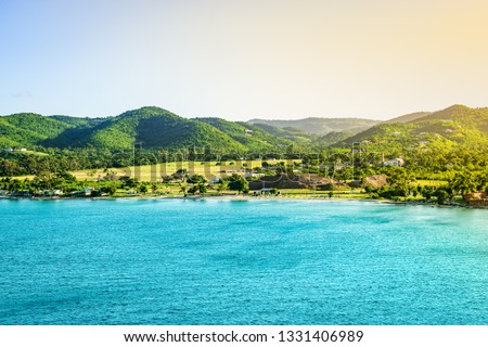 Mountain landscape with small beach at the coastline of Frederiksted, St Croix, US Virgin Islands. 