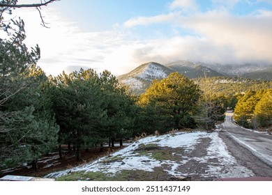 Mountain landscape with snow and pine trees at sunset in winter.Mountains in the clouds.  Snow-capped mountain road in the winter.  - Powered by Shutterstock