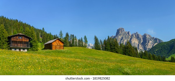 Berglandschaft im Sommer entlang der Straße zum Campolongo-Pass, Dolomiten, Provinz Bozen, Trentino Alto Adige, Italien