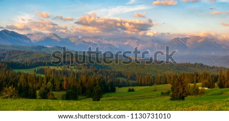 Similar – Image, Stock Photo Inspiring evening light in spring. Sunset in Mountains