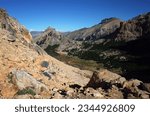 Mountain landscape, Valley of Toncek lagoon surrounded by steep granite rocks of Cerro Catedral in Nahuel Huapi National Park, Nature of Patagonia, Argentina