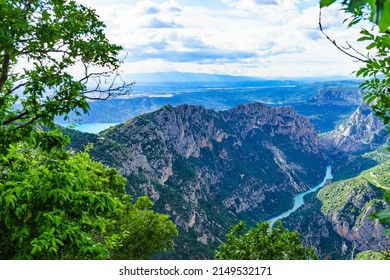 Mountain landscape. Verdon Gorge in in French Alps, Provence France. Regional Natural Park. River grand canyon. Tourists place.