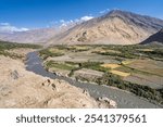 Mountain landscape view of Wakhan Corridor, Panj river valley and Hindu Kush range from Kahkaha fortress, Ishkashim, Gorno-Badakhshan, Tajikistan