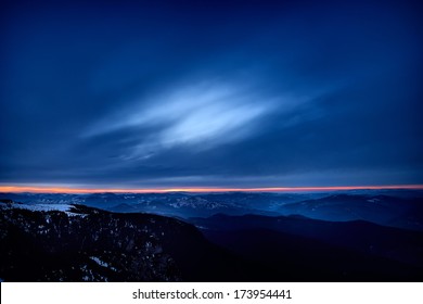 Mountain Landscape In Winter By Night