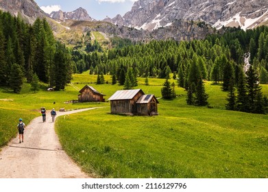 mountain landscape with wooden mountain cabine inside Val San Nicolò, Val di Fassa, Dolomites, Italy