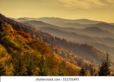 Mountain Layers Filled With Colorful Fall Foliage Just After Sunrise In Great Smoky Mountains National Park