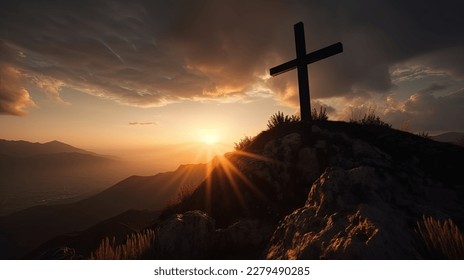 Mountain Majesty: Artistic Silhouette of Crucifix Cross Against Sunset Sky