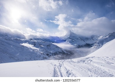 Mountain Matterhorn Zermatt Switzerland With Fresh Snow On Beautiful Winter Day