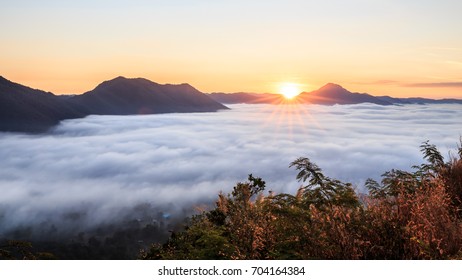 
Mountain Mist At Sunrise Time ,phu Tok, Chiang Khan In Loei, Thailand