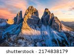 Mountain nature with high Dolomite rock. High rock of Dolomite mountain at dawn