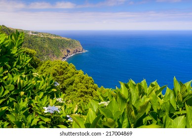 Mountain and ocean landscape Azores, Sao Miguel, Portugal, Europe