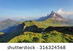 Mountain Panorama of the Dolomites as viewed from passo di Giau (as viewed from the mountain pass Giau). Photograph was taken just after the sunrise from the top of the pass.