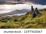 Mountain panorama with sun in Scotland, Isle of Skye - Old man of storr