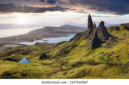 Mountain panorama with sun in Scotland, Isle of Skye - Old man of storr - Shutterstock ID 2197563067