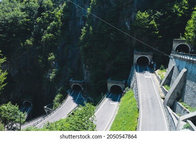 Mountain Pass With Hairpin Turn Next To Sheer Cliffs. 