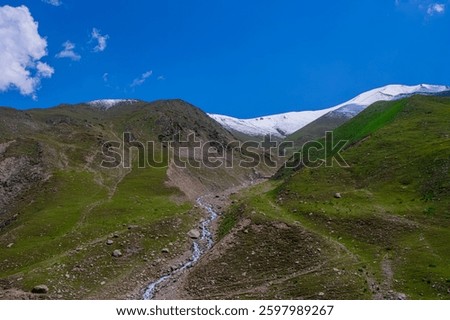 The mountain pass road between two green hills with the rill continuing until covered by snow mountains