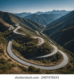 A mountain pass with winding roads and a clear sky above - Powered by Shutterstock