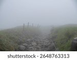 A mountain path covered in mist