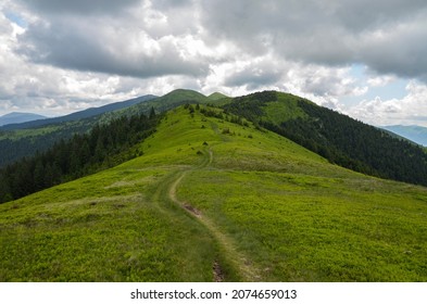 Mountain path through green grassy mountain ridge winding up in to the distant mountain peak under cloudy sky. Trekking in Carpathian Mountains - Powered by Shutterstock