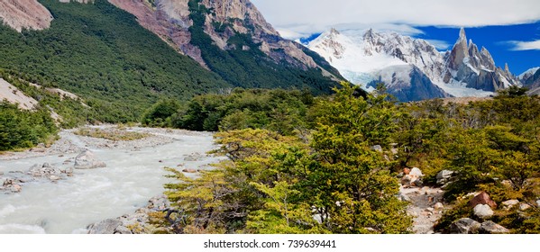 Mountain Peak Cerro And Fitzroy River. Andes. Argentina.