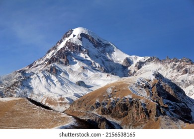 Mountain peak at day landscape. Snow on mountain peak. Landscape of mountain peak. Mountain peak snow over blue sky in winter