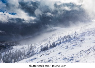 Mountain Peak Engulfed By Storm Blizzard, Romania