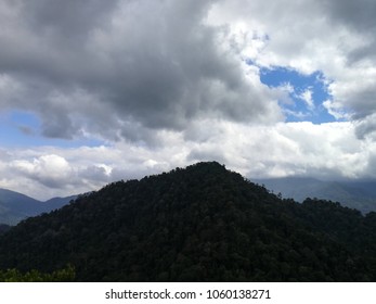 Mountain peak, forest and clouds
