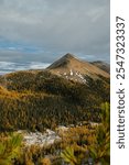 Mountain peak and golden larches near Mount Brewer. October 6, 2024