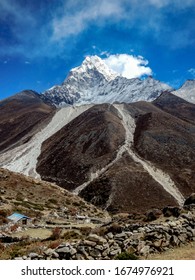 Mountain Peak In Himalaya Near Mount Everest, With Small Barn. Khumbu Valley, Everest Base Camp Trekking Route