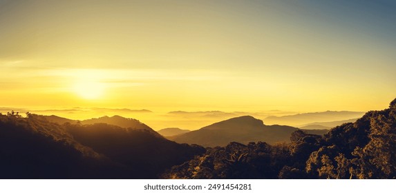 Mountain peaks in fog scenery landscape, Mountain hill sunrise sky clouds - Powered by Shutterstock