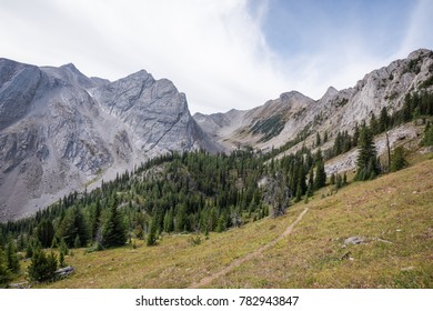 Mountain peaks at the top of Pedley Pass trail near the town of Invermere in the Columbia Valley in British Columbia, Canada