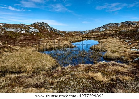 A mountain pond. Hiking the mountains Skåldalsnipa (603 meter), Skåldalsfjellet (718 meter), Herlandsfjellet (696 meter) and Garnesrinden (625 meter) in Bergen, Norway